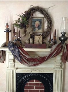 a fireplace with an american flag draped over it