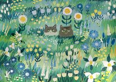 two cats are sitting in the grass surrounded by wildflowers and dandelions