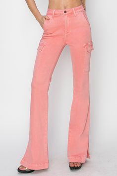 RISEN Full Size High Rise Side Slit Cargo Bootcut Jeans Aliyah Core, Risen Jeans, Core Outfits, Flamingo Pink, Bootcut Pants, Pink Jeans, Evening Look, Denim Style, Cargo Jeans