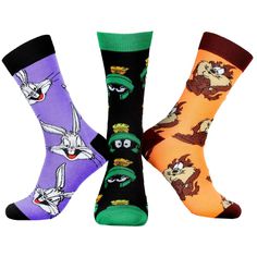 Looney Tunes crew socks guaranteed! Saturday morning cartoons were all the rave back in the day. We enjoyed characters like Bugs Bunny, Daffy Duck, Tazmanian Devil, Marvin the Martian, Sylvester the cat, Speedy Gonzales, Yosemite Sam, Foghorn Leghorn, Pepe Le Pew and many many more! These crew socks can be mix and match if you dare to be bold. 5 pairs made of stretchy 98% polyesters, 2% spandex. They fit men's size shoe 8-12 Bunny Socks, Foghorn Leghorn, Sylvester The Cat, Yosemite Sam, Looney Tunes Characters, Morning Cartoon, Marvin The Martian, Dope Outfits For Guys, Daffy Duck