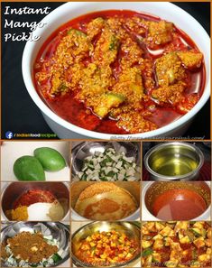 many different pictures of food in bowls and pans with the words instant mango pickle