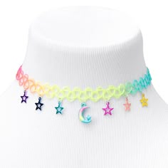 Claire's Moon and Stars Anodized Tattoo Choker Necklace Tattoo Choker Bracelet, Trendy Multicolor Star Jewelry, Trendy Multicolor Star Charm Necklace, Trendy Multicolor Star Necklace, Trendy Multicolor Star Shaped Necklace, Moon Choker Aesthetic, Trendy Multicolor Star-shaped Jewelry, Celestial Choker, Trendy Rainbow Choker Necklace