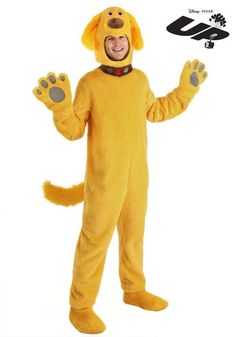 a man in a yellow dog costume with paws on his chest and hands out to the side