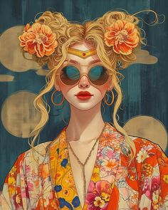 a painting of a woman with sunglasses and flowers in her hair, wearing an orange kimono