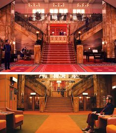 two pictures of the lobby and stairs in a hotel with people sitting on orange chairs