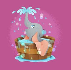 an elephant sitting in a bathtub with bubbles coming out of it's trunk