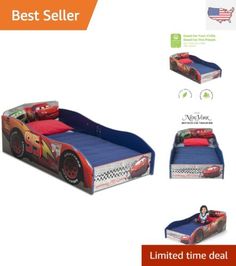 this is an image of a bed with cars on it