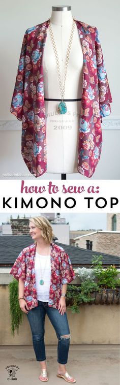 a woman standing next to a mannequin with the words how to sew a kimono top