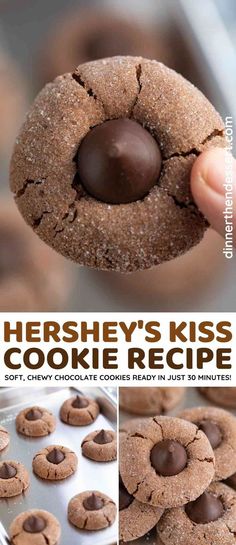 the recipe for hershey's kiss cookie recipe is shown in three different pictures