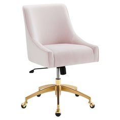 a pink office chair with gold legs and wheels