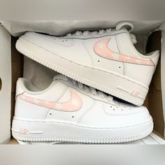 Thanks For Checking Out My Custom Air Force 1s! These Are Hand Painted By Me! Message Me If You Have Your Own Idea For Custom Shoes And I Can Bring Them To Life! I Can Also Help You Come Up With Something! **Price Includes The Shoes And The Artwork These Are 100% Authentic Air Force 1s We Have These Available In Every Size Of Womens These Shoes Are Painted With Angelus Leather Paint And Finished Off With Angelus Acrylic Finisher To Protect The Paint From Minor Scratches And Scrapes, Cracking, Fa Tenis Air Force, Custom Nike Air Force 1, Custom Nike Air Force, Pretty Sneakers, Pink Nike Shoes, White Chrysanthemum, Preppy Shoes, Pretty Shoes Sneakers, All Nike Shoes