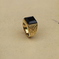 Square Black Obsidian Men Ring, Sterling Silver Ring, Vintage Rings, Birthday gifts for him, Boho Rings Vintage Black Engraved Ring For Gift, Vintage Black Engraved Ring Gift, Black Obsidian Ring, Birthday Gifts For Him, Obsidian Ring, Men Ring, Deco Vintage, Birthday Gift For Him, Black Obsidian