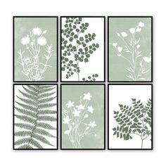 four green and white paintings with flowers on them