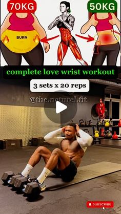 a man sitting on top of a skateboard in front of a sign that says, complete love wrist workout 3 sets x 20 reps