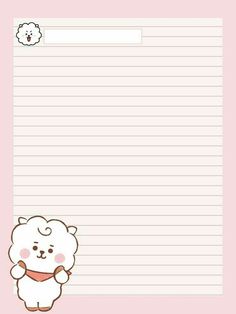 a pink lined paper with a cartoon bear on it