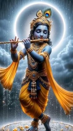 the god is playing flute in the rain