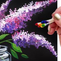 someone is painting flowers with acrylic paint on the left and in the right