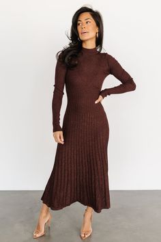 Jamelia Pleated Sweater Dress | Brown + Gold - Baltic Born Brown Dresses Outfit, Sweater Dress Brown, Chocolate Brown Dress, Skirt Outfits Fall, Baltic Born, Fall Wedding Guest Dress, Versatile Dresses, Brown Dress, Winter Dresses