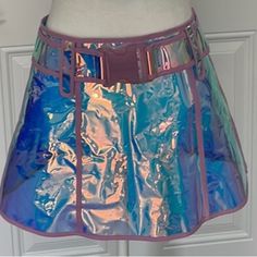 Dolls Kill Club Exx Plastic Vinyl Chrome Pink Skirt Size Medium New With Tag Fun Skirt For Festivals Or Just Out And About Disco Mini Skirt For Festivals, Vinyl Skirt, Neon Skirt, Vinyl Skirting, Festival Skirts, Pink Skirt, Dolls Kill, Womens Skirt, Buckle