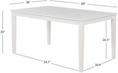 a white table with measurements for the top and bottom section, including two legs on each side