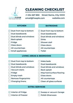 the cleaning checklist is shown in blue and white with green trimmings on it