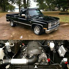 two pictures side by side one has a black truck engine and the other has a white truck