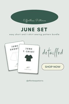 the june shirt sewing pattern bundle is shown in three different colors, including green and white