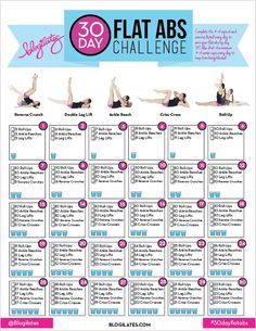 the 30 day flat abs challenge is shown in this poster, which includes exercises to help you