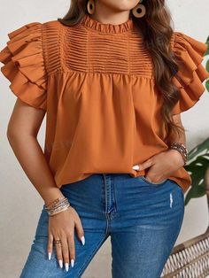 Style:Casual \nDetails:Button \nSleeve Type:Flounce Sleeve \nDetails:Frill \nHem Shaped:Regular \nNeckline:Stand Collar \nType:Top \nColor:Orange \nPattern Type:Plain \nSleeve Length:Short Sleeve \nLength:Long \nFit Type:Regular Fit \nFabric:Non-Stretch \nMaterial:Woven Fabric \nComposition:100% Polyester \nCare Instructions:Hand wash or professional dry clean \nSheer:No \n Shirt With Ruffle Sleeves, Plus Size Summer Casual, Orange Shirt, Flounce Sleeve, Plus Size Summer, Ruffle Sleeves, Plus Size Blouses, Shoulder Length, Plus Size Tops