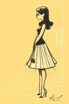 a drawing of a woman standing in front of a yellow wall wearing a black and white dress