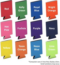 several different colored speech bubbles with the words hot pink, purple, orange, yellow, and red