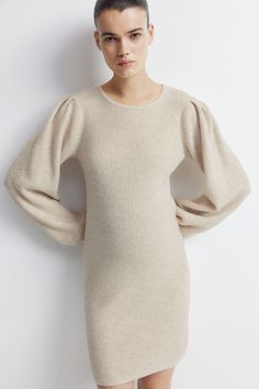 Short  fitted dress in a soft rib knit. Round  tubular neckline and long balloon sleeves with close-fitting cuffs. Short Fitted Dress, Active Swimwear, Sportswear Trends, Pregnancy Wardrobe, Clothing Pieces, Sport Swimwear, Ribbed Knit Dress, Nursing Dress, Kids Outerwear