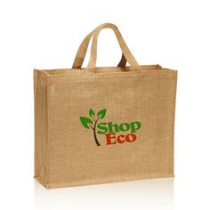 a jute bag with the shop eco logo on it is shown in front of a white background