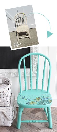 an old chair is painted blue and has been turned into a rocking chair with the words before on it