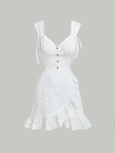 White Casual Collar Sleeveless Woven Fabric Plain Cami Embellished Non-Stretch  Women Clothing Cite White Dresses, White Coquette Mini Length Dress, Corset Dress Casual, White Ruffled Dresses By H&m, White Coquette Dress With Ruffles, White Knee-length Mini Dress With Ruffle Hem, Cute White Dress, Stylish Clothes For Women, Causual Outfits