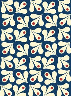 a blue and white pattern with red dots on the center, in an abstract manner