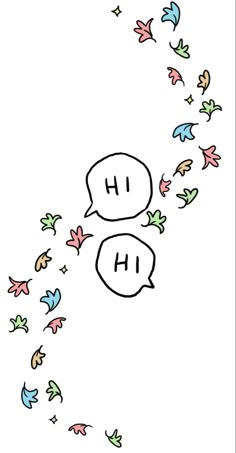 two speech bubbles with the words h and h above them are falling leaves in the air