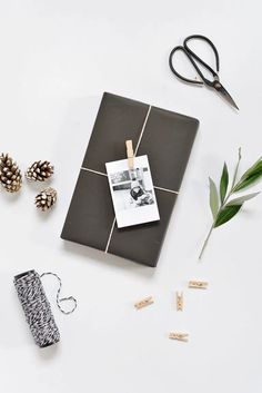 an assortment of crafting supplies including pine cones, scissors and paper clips on a white surface