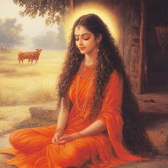 a painting of a woman in an orange dress sitting on the ground with her eyes closed