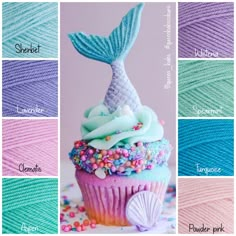 a cupcake with sprinkles and a mermaid tail is shown in different colors