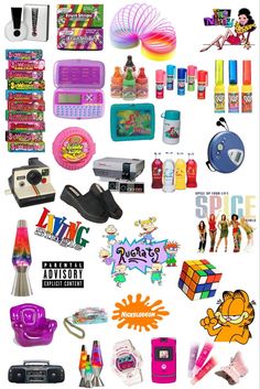 an assortment of various items are shown in this graphic style, including shoes, hair clips, nail polishes, and more