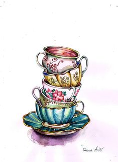 three tea cups and saucers stacked on top of each other with flowers in them