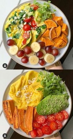 two plates filled with different types of vegetables and fruit on top of each other,