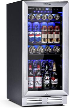 an image of a mini - fridge with many different bottles in it's display