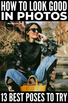 a woman sitting on the steps with her hand in her mouth and holding a yellow purse