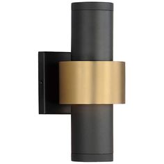 a black and gold outdoor wall light on a white background, with the lights turned off