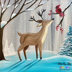 an acrylic painting of a deer in the snow with a cardinal perched on a tree