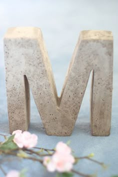 the letter m is made out of concrete and sits next to pink flowers on a blue surface