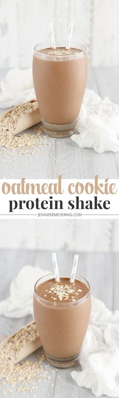 two glasses filled with oatmeal cookie protein shake on top of each other