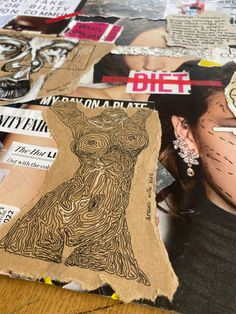 an altered photograph of a woman's face surrounded by newspaper clippings and stickers